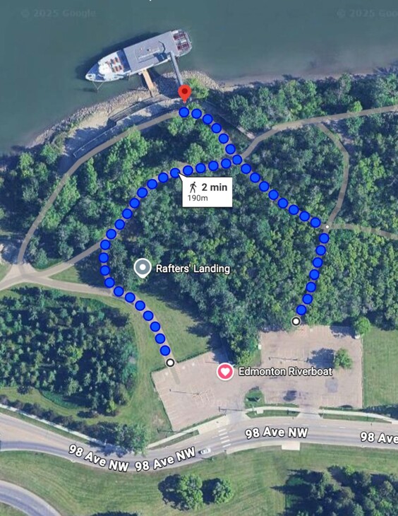 Walking map from the Rafter's Landing parking lot to the Edmonton Riverboat dock