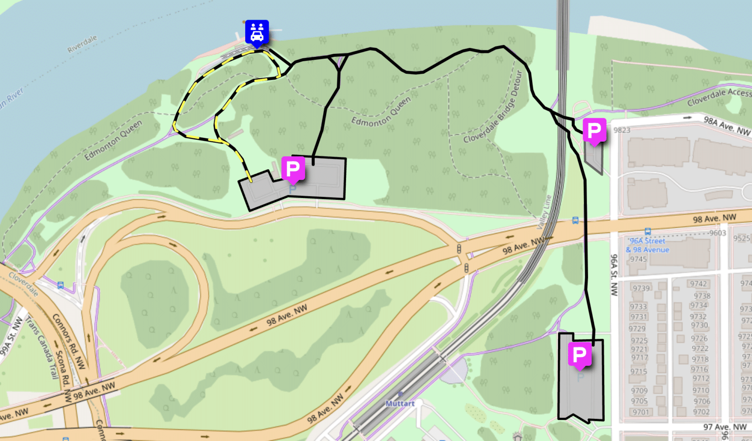 Map showing Edmonton Riverboat parking options near Rafter's Landing, Henrietta Muir Edwards Park, Muttart Conservatory, and street parking